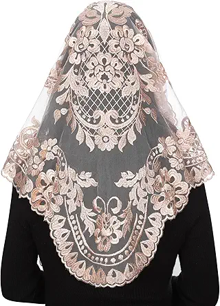 Bozidol Triangle Catholic Chapel Mantilla Veils - Short Camellia Embroidery Latin Mass Scarf Church Lace Veil with Gift Box