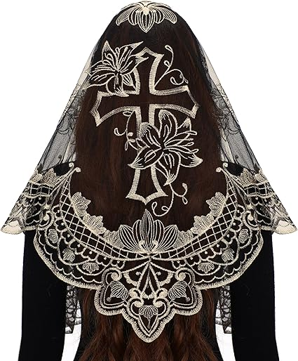 Bozidol Catholic Mantilla Mass Veil - Triangle Cross Embroidery Church Lace Veil Spanish Chapel Mass Head Covering with Clips