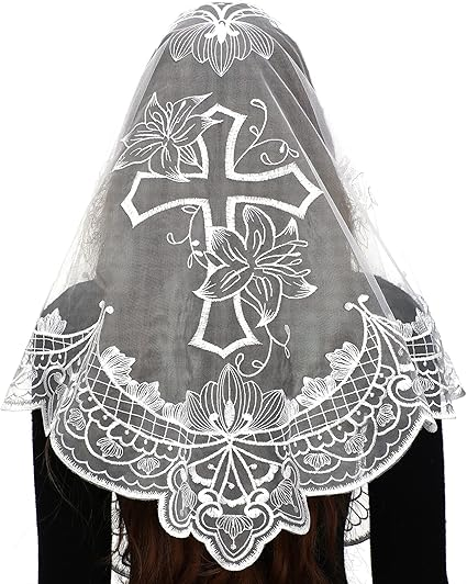Bozidol Catholic Mantilla Mass Veil - Triangle Cross Embroidery Church Lace Veil Spanish Chapel Mass Head Covering with Clips