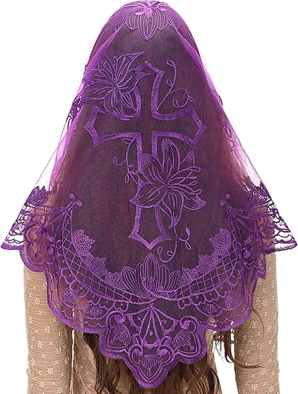 Bozidol Catholic Mantilla Mass Veil - Triangle Cross Embroidery Church Lace Veil Spanish Chapel Mass Head Covering with Clips