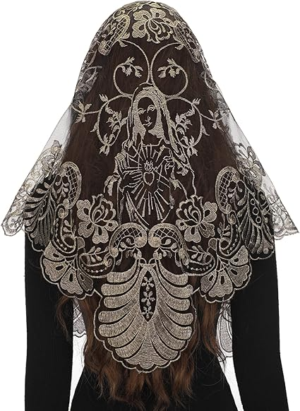 Bozidol Spanish Catholic Lace Veil - Virgin Mary Embroidery Church Mantilla Chapel Mass Scarf Prayer Veil with Hairclips