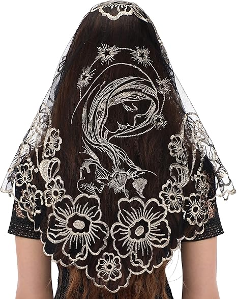 Bozidol Triangle Church Head Covering - Madonna Camellia Embroidered Veil Chapel Veil for women