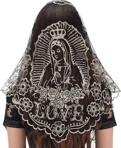 Bozidol Triangle Church Head Covering - Madonna Camellia Embroidered Veil Chapel Veil for women