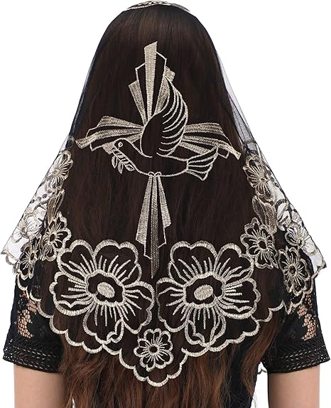 Bozidol Church Triangular Head covering - Cross Chalice Embroidered Vintage Church Veil for Women