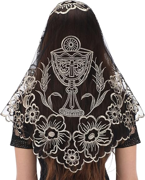 Bozidol Church Triangular Head covering - Cross Chalice Embroidered Vintage Church Veil for Women