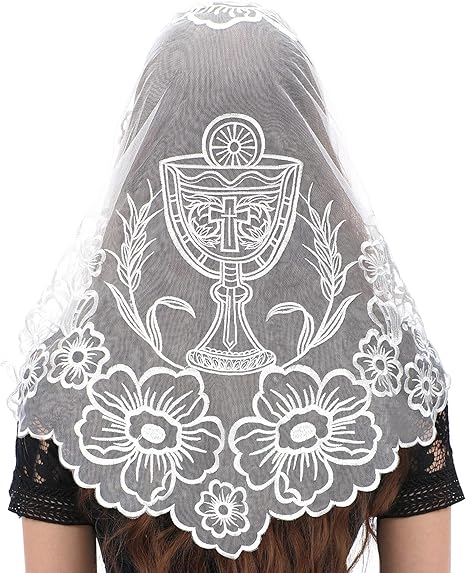 Bozidol Church Triangular Head covering - Cross Chalice Embroidered Vintage Church Veil for Women