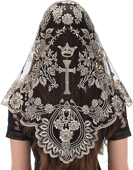 Bozidol Church Triangular Head covering - Cross Chalice Embroidered Vintage Church Veil for Women