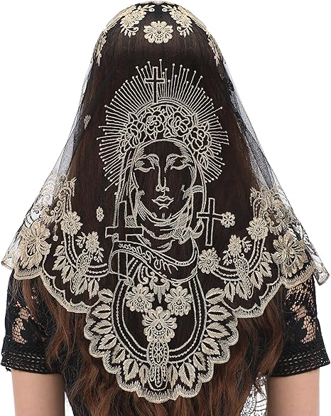 Bozidol Triangle Church Head Covering - Madonna Camellia Embroidered Veil Chapel Veil for women