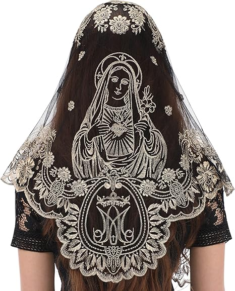 Bozidol Triangular Camellia Sacred Heart Veil - Church Wedding Embroidered Camellia Sacred Heart Wavy Short Veil Scarf