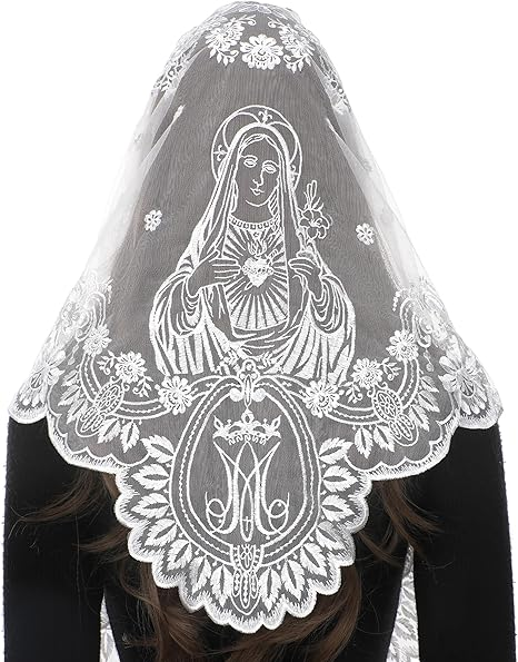 Bozidol Triangular Camellia Sacred Heart Veil - Church Wedding Embroidered Camellia Sacred Heart Wavy Short Veil Scarf
