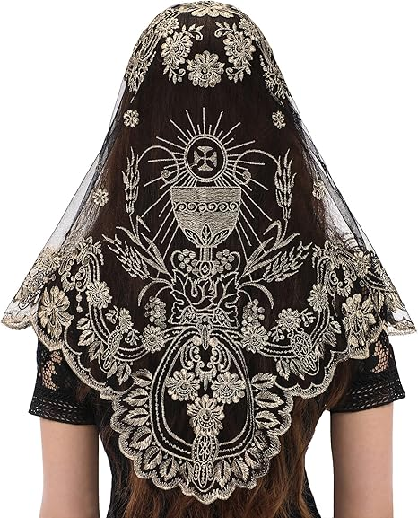 Bozidol Traditional Triangular church veil - Spanish Style with Holy Grail Embroidery Lace Mantilla veil for women