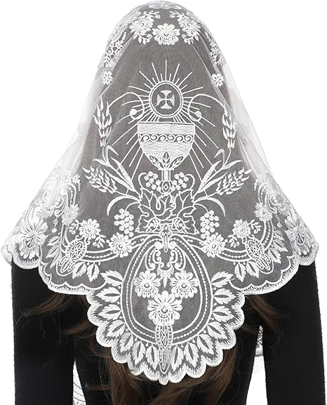 Bozidol Traditional Triangular church veil - Spanish Style with Holy Grail Embroidery Lace Mantilla veil for women