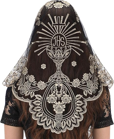 Bozidol Traditional Triangular church veil - Spanish Style with Holy Grail Embroidery Lace Mantilla veil for women