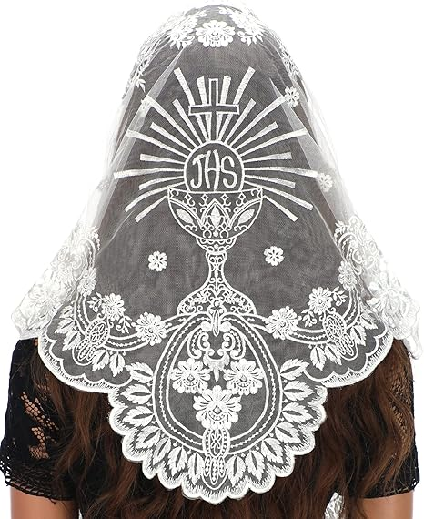 Bozidol Traditional Triangular church veil - Spanish Style with Holy Grail Embroidery Lace Mantilla veil for women