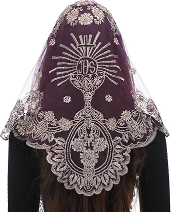 Bozidol Traditional Triangular church veil - Spanish Style with Holy Grail Embroidery Lace Mantilla veil for women