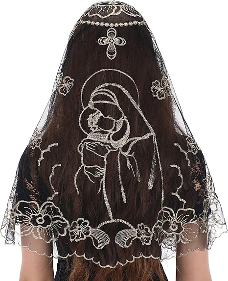Bozidol Chapel Veils Catholic Mass Mantilla - Virgin and Child Embroidery Lace Triangle Head Coverings Floral Church Veil