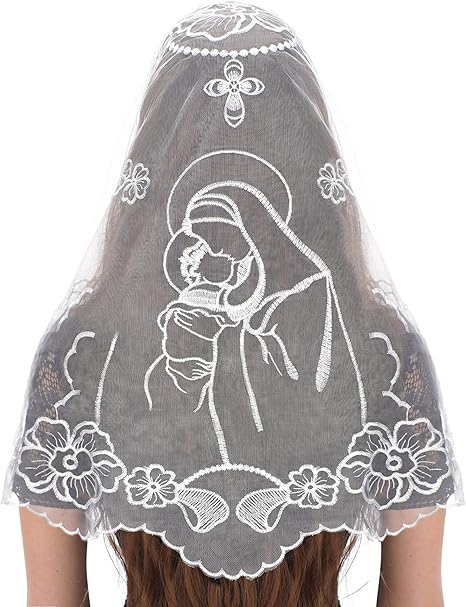Bozidol Chapel Veils Catholic Mass Mantilla - Virgin and Child Embroidery Lace Triangle Head Coverings Floral Church Veil