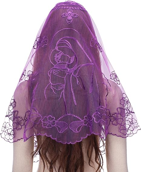 Bozidol Chapel Veils Catholic Mass Mantilla - Virgin and Child Embroidery Lace Triangle Head Coverings Floral Church Veil