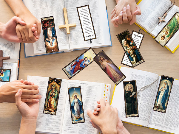 Bozidol 20 Pcs Catholic Saints Bookmarks with Holy Prayer, Religious Christian Gifts for Women Men Mother Father Godfather Godmother Church Sunday School Home Party Favors