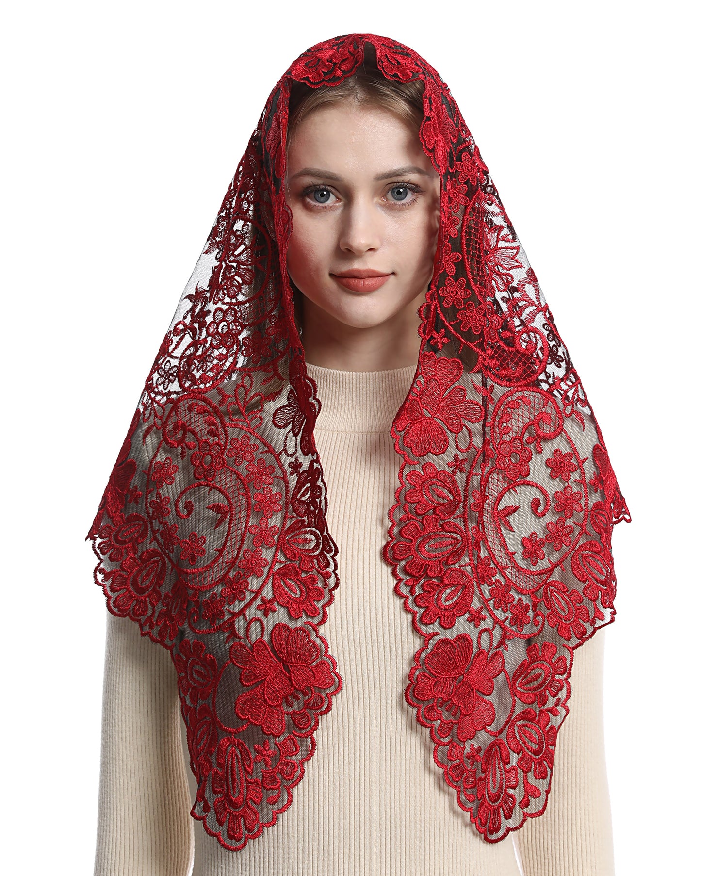 Bozidol Triangle Catholic Church Mantilla Veils for Religious Christian Floral Lace Scarf Shawl Veil with Hairclips