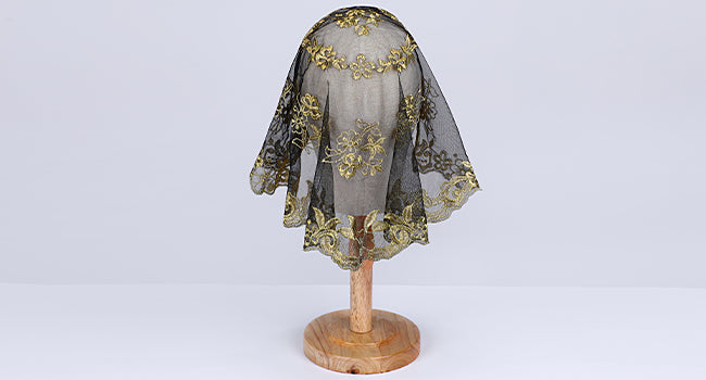 Bozidol Church Mantilla Catholic Veil Lace Religious Veil Spanish Chapel Head Covering for Women (Black-Gold)