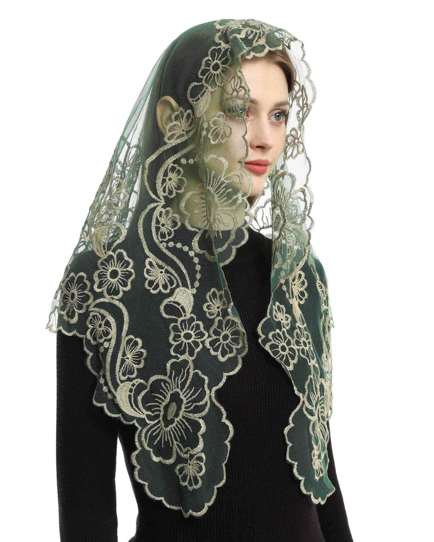 Bozidol Chapel Veils Catholic Mass Mantilla - Virgin and Child Embroidery Lace Triangle Head Coverings Floral Church Veil