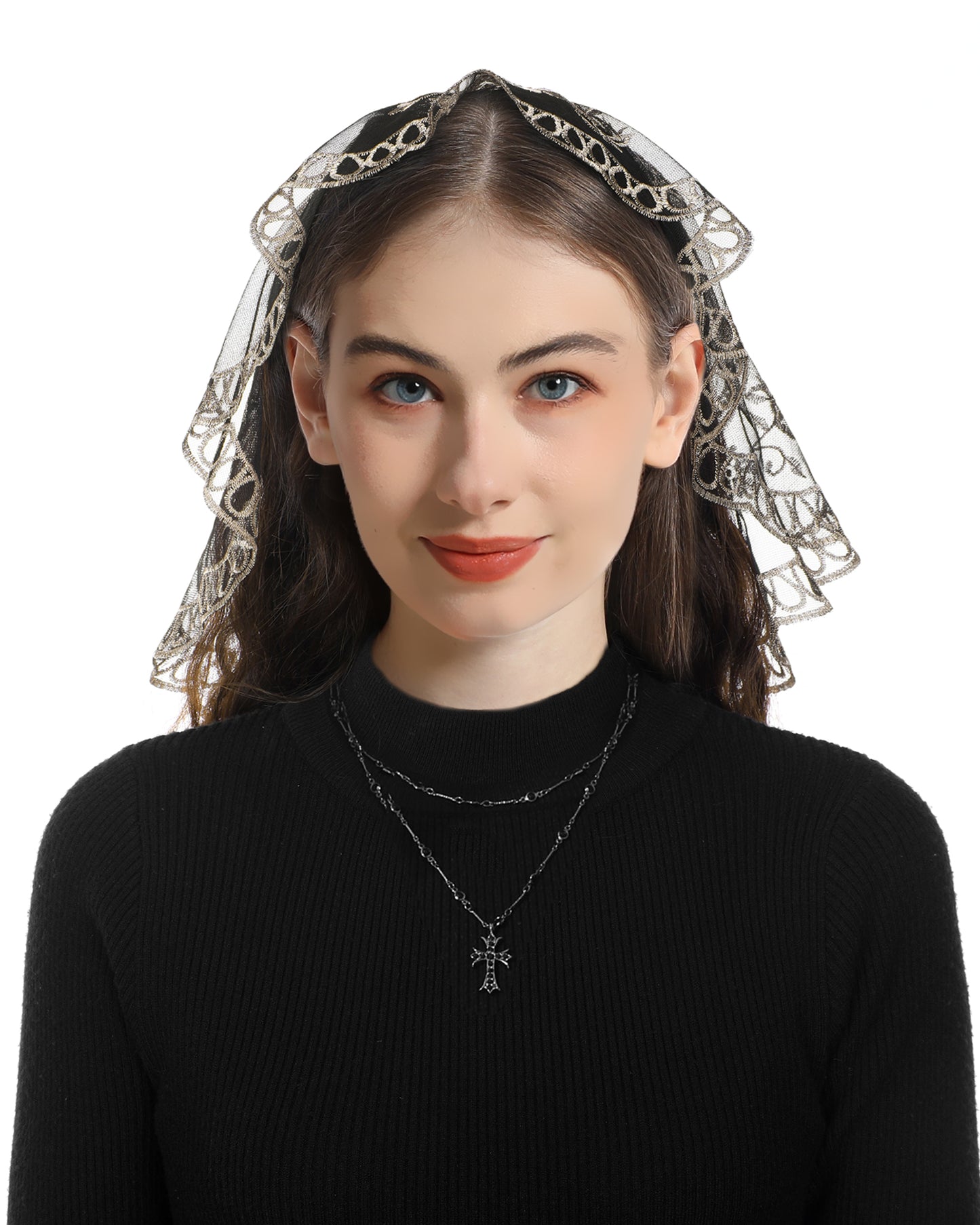 Bozidol Women Chapel Veils Mantilla - Church Veils Cross Embroidery Lace Round Shaped Head Coverings for Baptism (Blcak Gold)