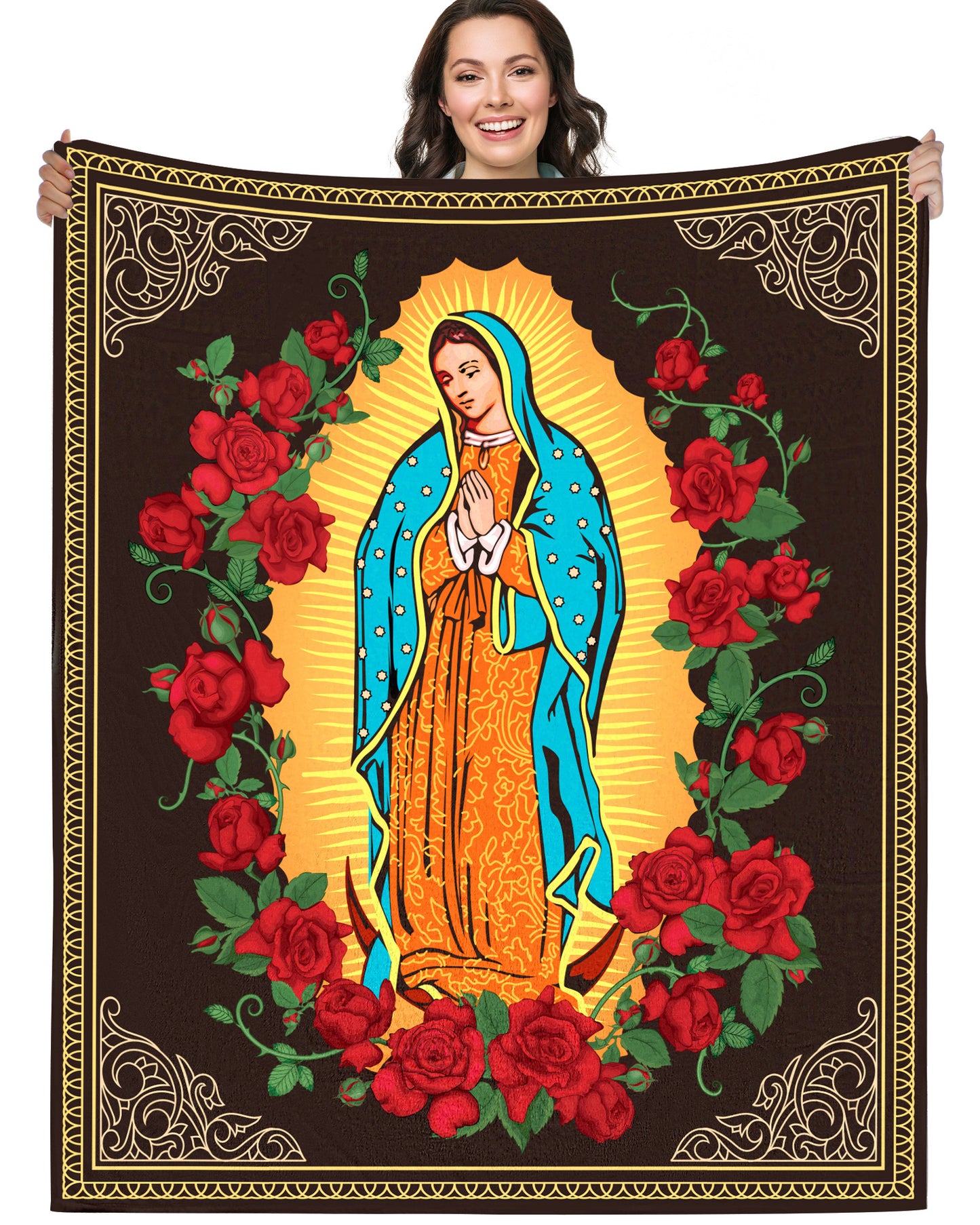Bozidol Virgin Mary Blanket with Rose, 50"X60" Virgen de Guadalupe Blanket, Inspirational Religious Gifts for Women Men Christian Catholic Faith Prayer Soft Cozy Flannel Throw Blankets for Bed Couch