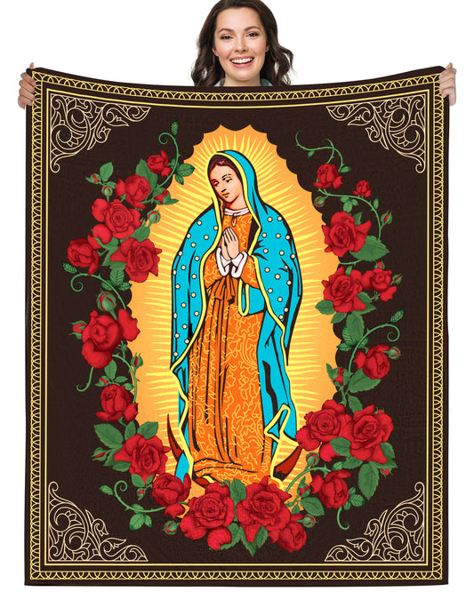Bozidol Virgin Mary Blanket with Rose, 50"X60" Virgen de Guadalupe Blanket, Inspirational Religious Gifts for Women Men Christian Catholic Faith Prayer Soft Cozy Flannel Throw Blankets for Bed Couch