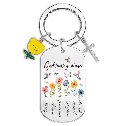 Bozidol Christian Gifts for Women Teen Girl, God Says You Are Flower Dog Tag and Cross Keychain, Religious Inspirational Keychains for Easter Mothers Day Birthday Graduation Faith Based Gifts