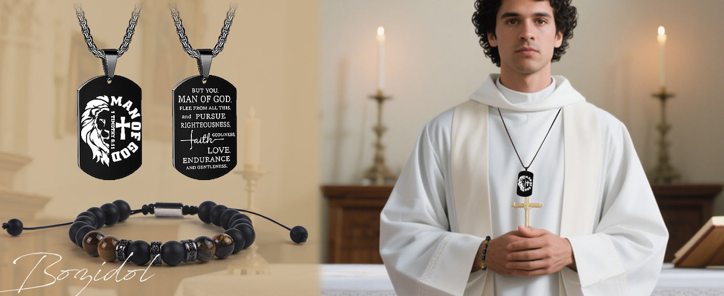 Bozidol Christian Pastor Appreciation Gifts, Black Man of God Bible Verse Necklace and Beaded Bracelet Jewelry Set, Inspirational Baptism Confirmation Graduation Father Birthday Gifts for Men
