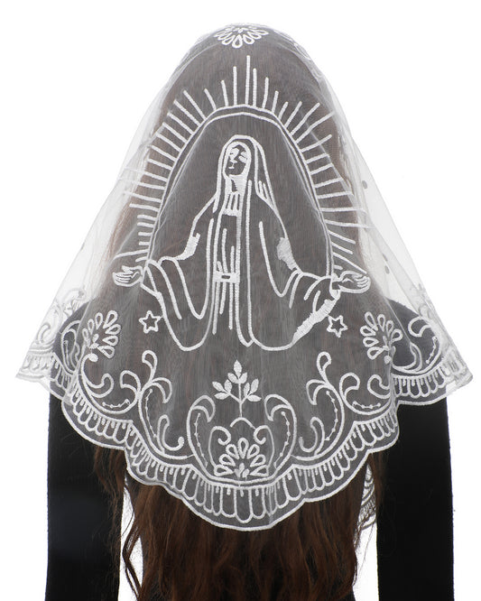 Bozidol Church Mantilla - Catholic Veil With Triangle Holy Virgin Embroidery - Traditional Mass Chapel Veil