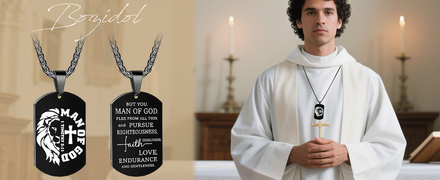 Bozidol Christian Gifts for Men, Black Man of God Cross Dog Tag Necklace, 1 Timothy 6:11 Bible Verse Pendant with Chain Necklace, Religious Baptism Confirmation Father Pastor Appreciation Gifts