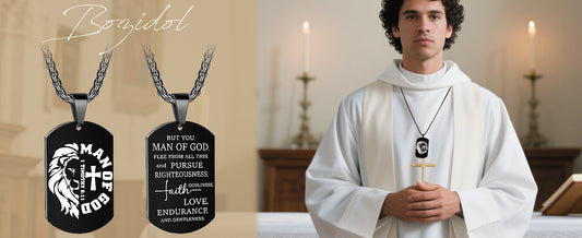 Bozidol Christian Gifts for Men, Black Man of God Cross Dog Tag Necklace, 1 Timothy 6:11 Bible Verse Pendant with Chain Necklace, Religious Baptism Confirmation Father Pastor Appreciation Gifts