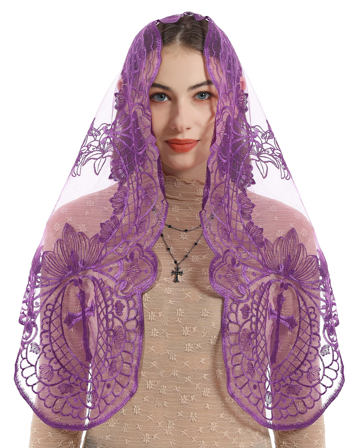 BOZIDOL White Triangle Veil -Lace Mantilla Catholic Church Chapel Veil Head Covering Latin Mass For Women