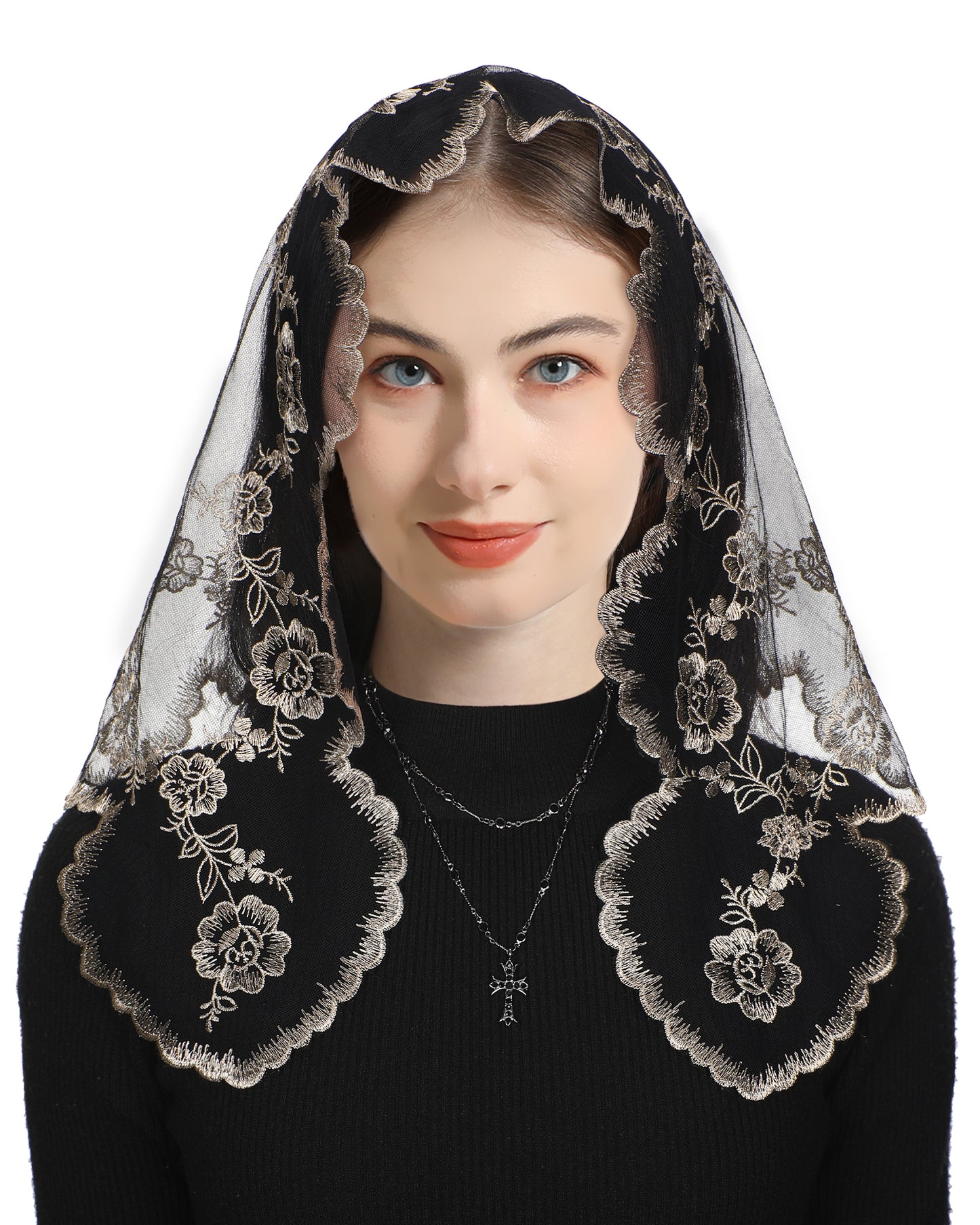 Bozidol Triangular Camellia Sacred Heart Veil - Church Wedding Embroidered Camellia Sacred Heart Wavy Short Veil Scarf