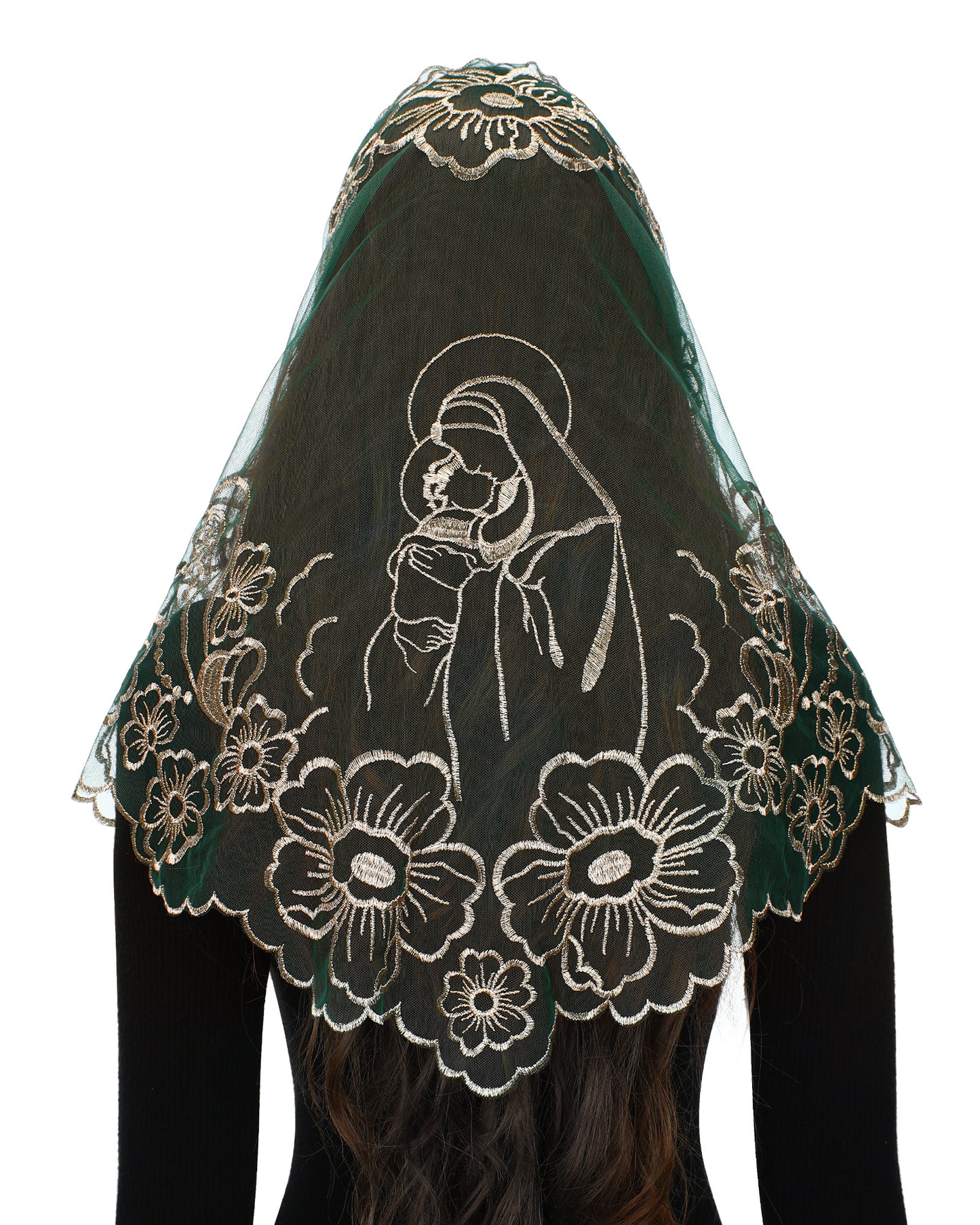 Bozidol Chapel Veils Catholic Mass Mantilla - Virgin and Child Embroidery Lace Triangle Head Coverings Floral Church Veil