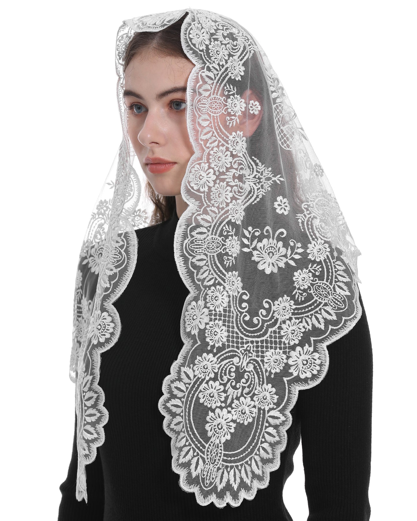Bozidol Spanish Style Catholic Mass Mantillas Veil for Prayer Floral Orthodox Head Coverings Shawl Chapel Veils