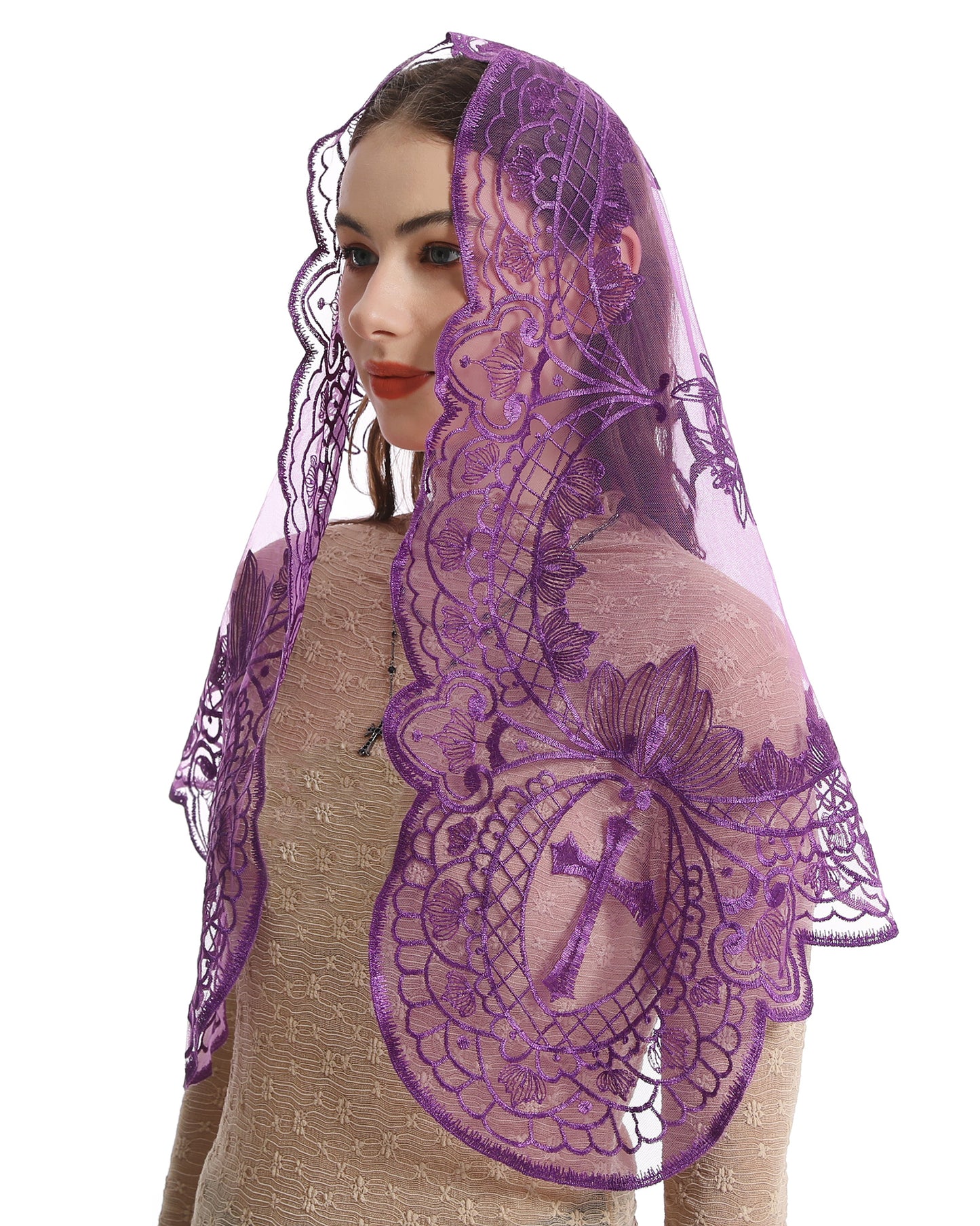 BOZIDOL White Triangle Veil -Lace Mantilla Catholic Church Chapel Veil Head Covering Latin Mass For Women