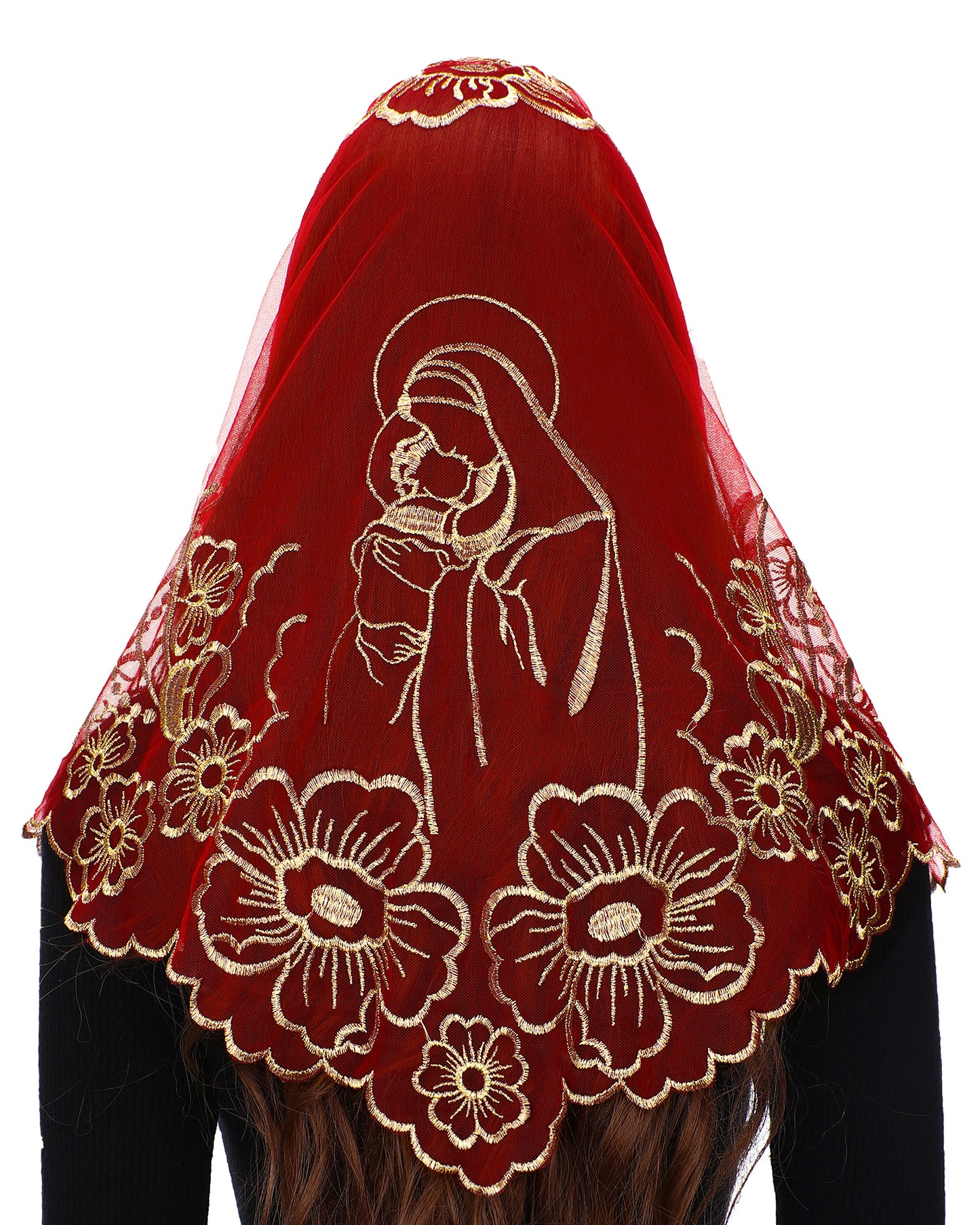 Bozidol Chapel Veils Catholic Mass Mantilla - Virgin and Child Embroidery Lace Triangle Head Coverings Floral Church Veil
