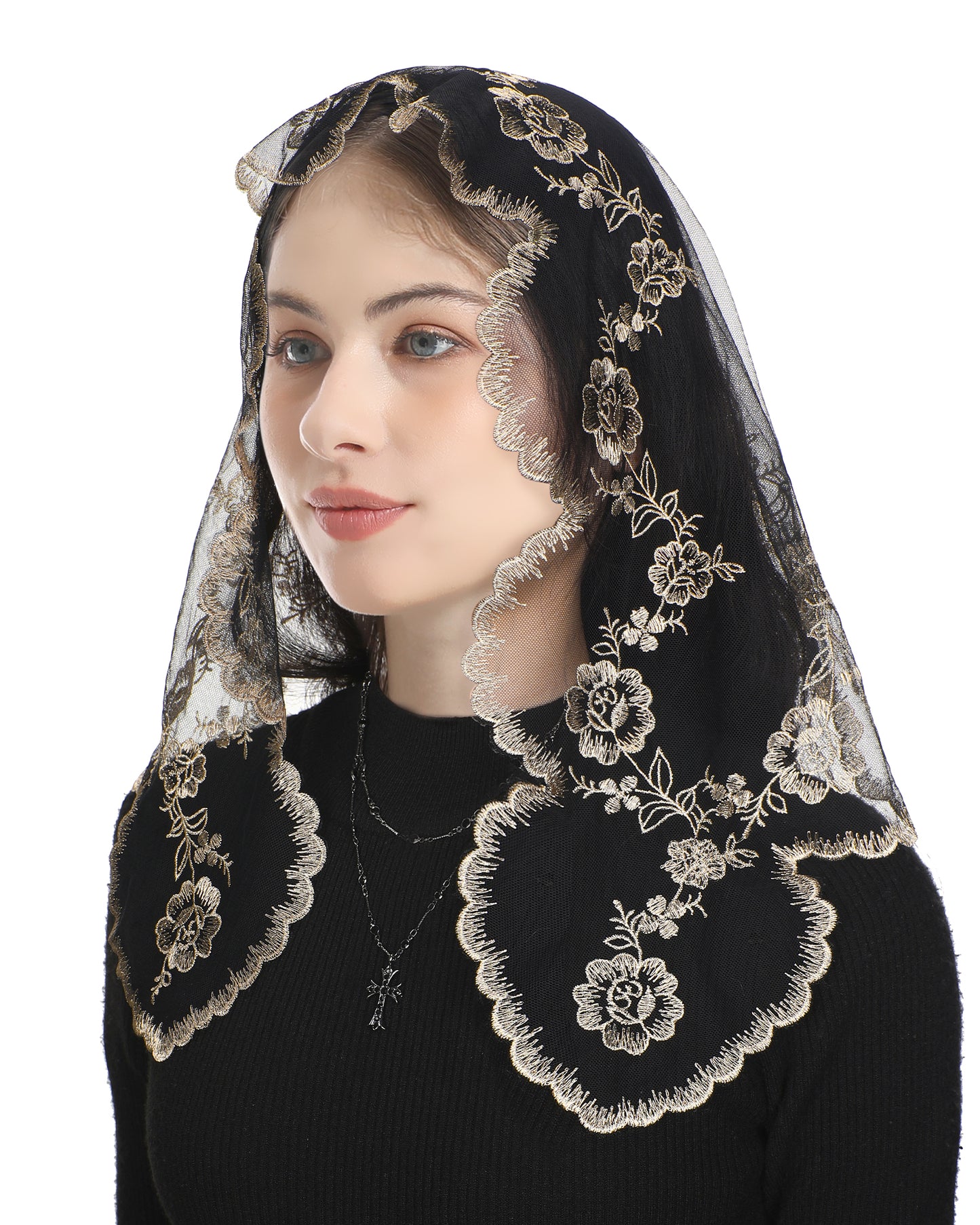 Bozidol Triangular Camellia Sacred Heart Veil - Church Wedding Embroidered Camellia Sacred Heart Wavy Short Veil Scarf