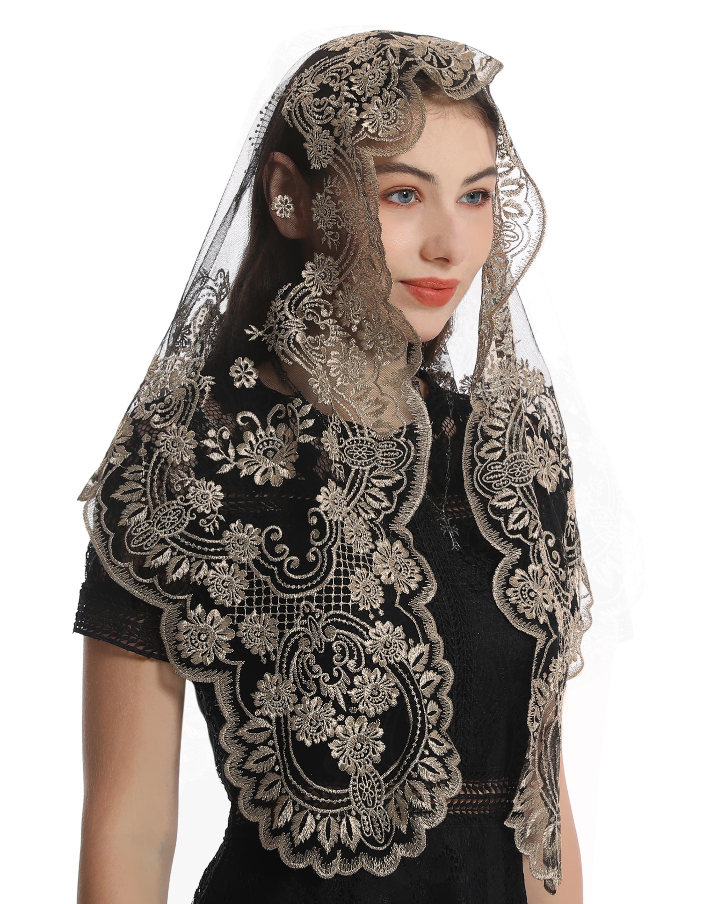 Bozidol Triangle Lace Chapel Veils - Madonna Camellia Embroidered Head Covering for women