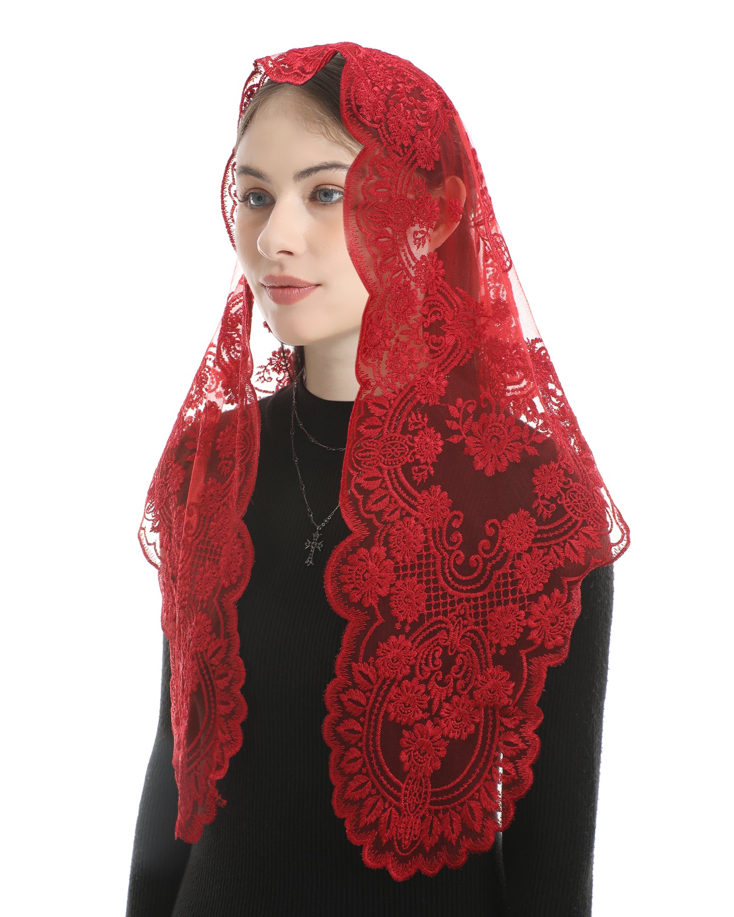 Bozidol Triangle Catholic Chapel Mantilla Veils - Short Camellia Embroidery Latin Mass Scarf Church Lace Veil with Gift Box