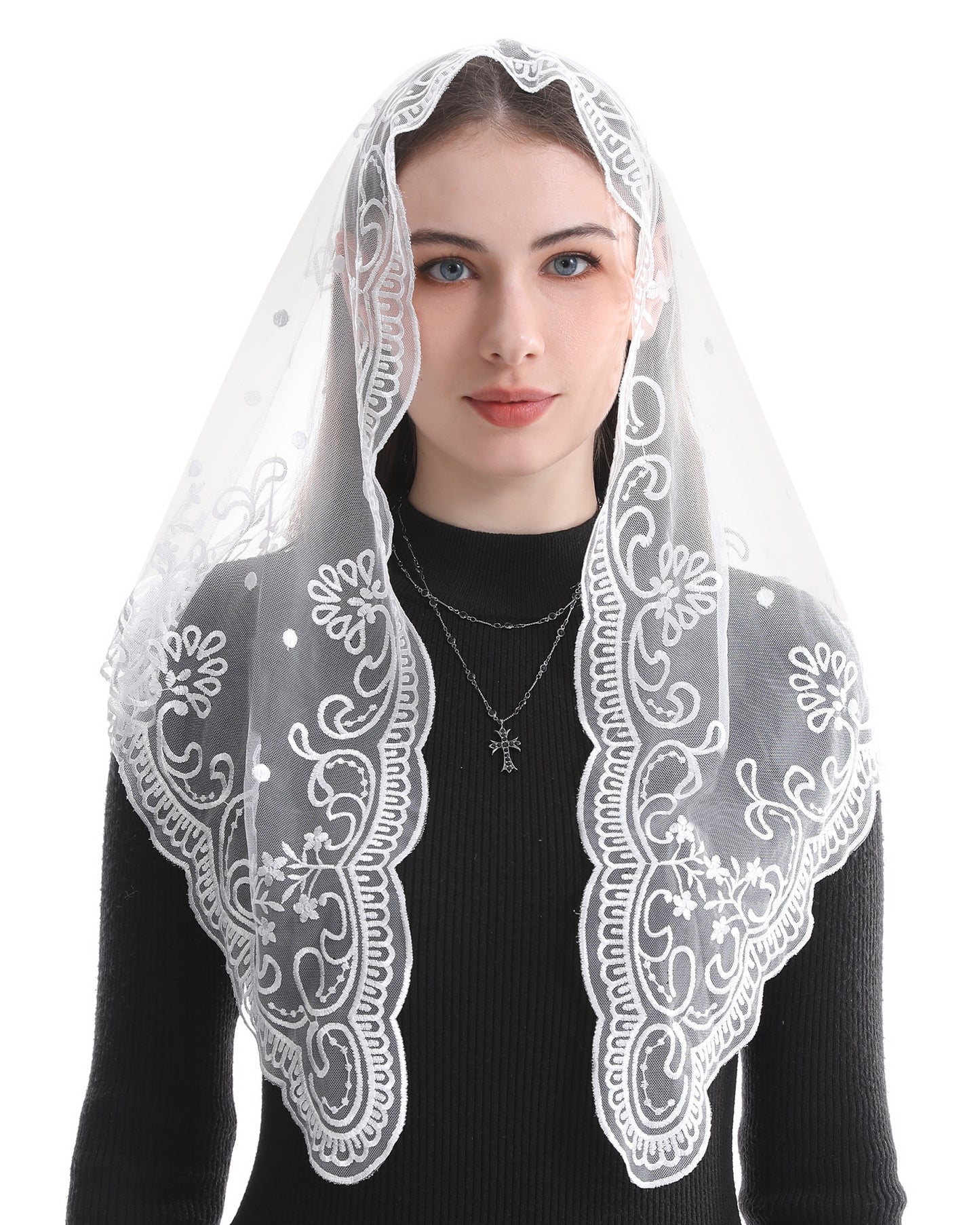 Bozidol Church Mantilla - Catholic Veil With Triangle Holy Virgin Embroidery - Traditional Mass Chapel Veil