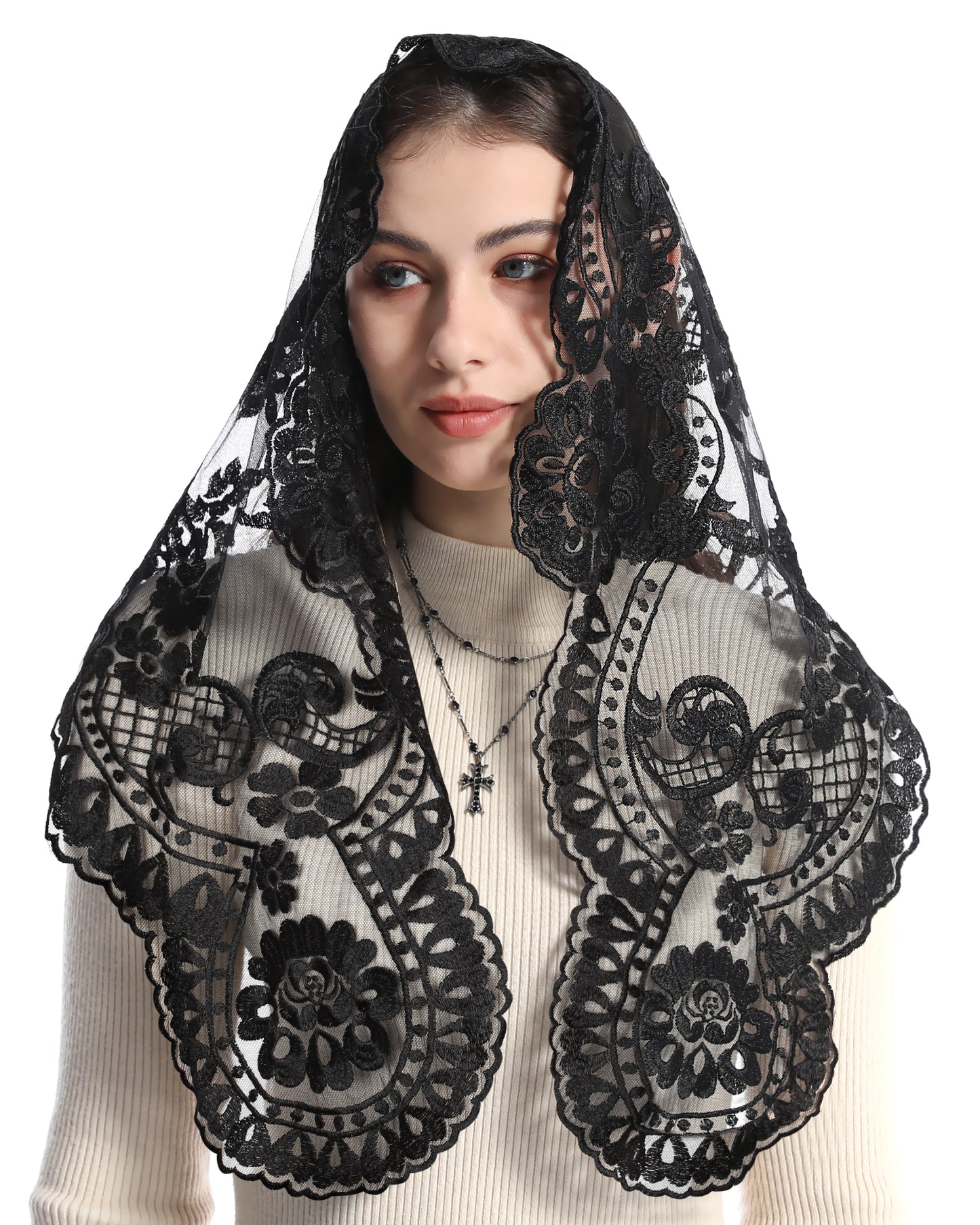BOZIDOL Triangle Chapel Veil -Spanish Lace Floral Mantilla Veils Wrap Shawl Mass Head Covering