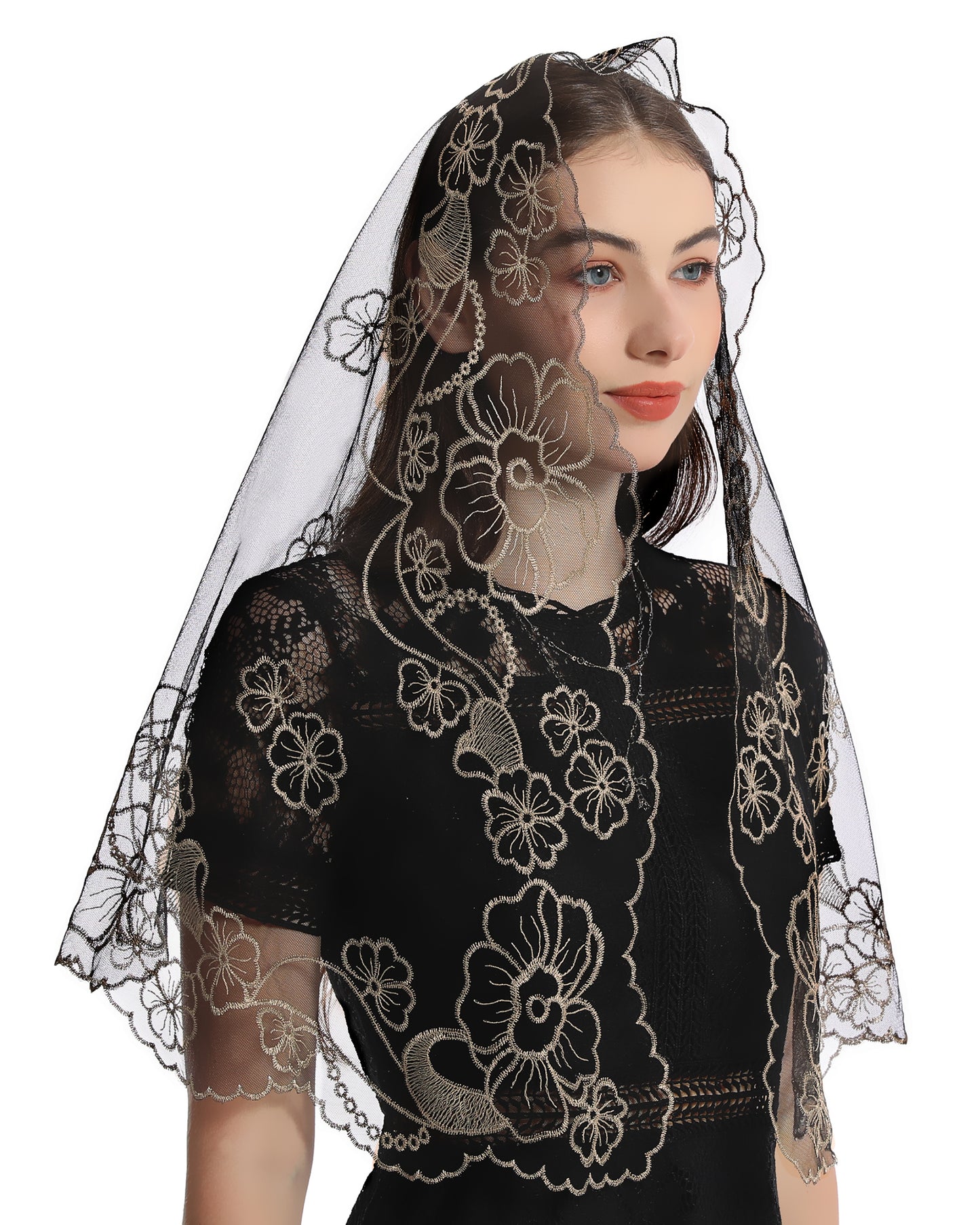 Bozidol D-shape Mantilla Church Veil - Women's Vintage Veil with Madonna and Child Embroidery
