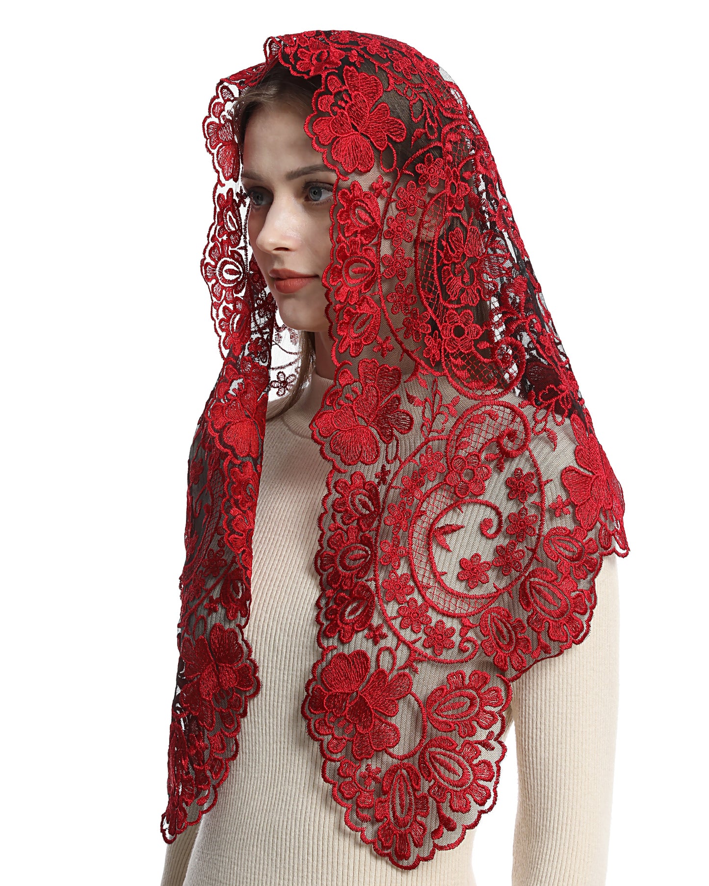 Bozidol Triangle Catholic Church Mantilla Veils for Religious Christian Floral Lace Scarf Shawl Veil with Hairclips