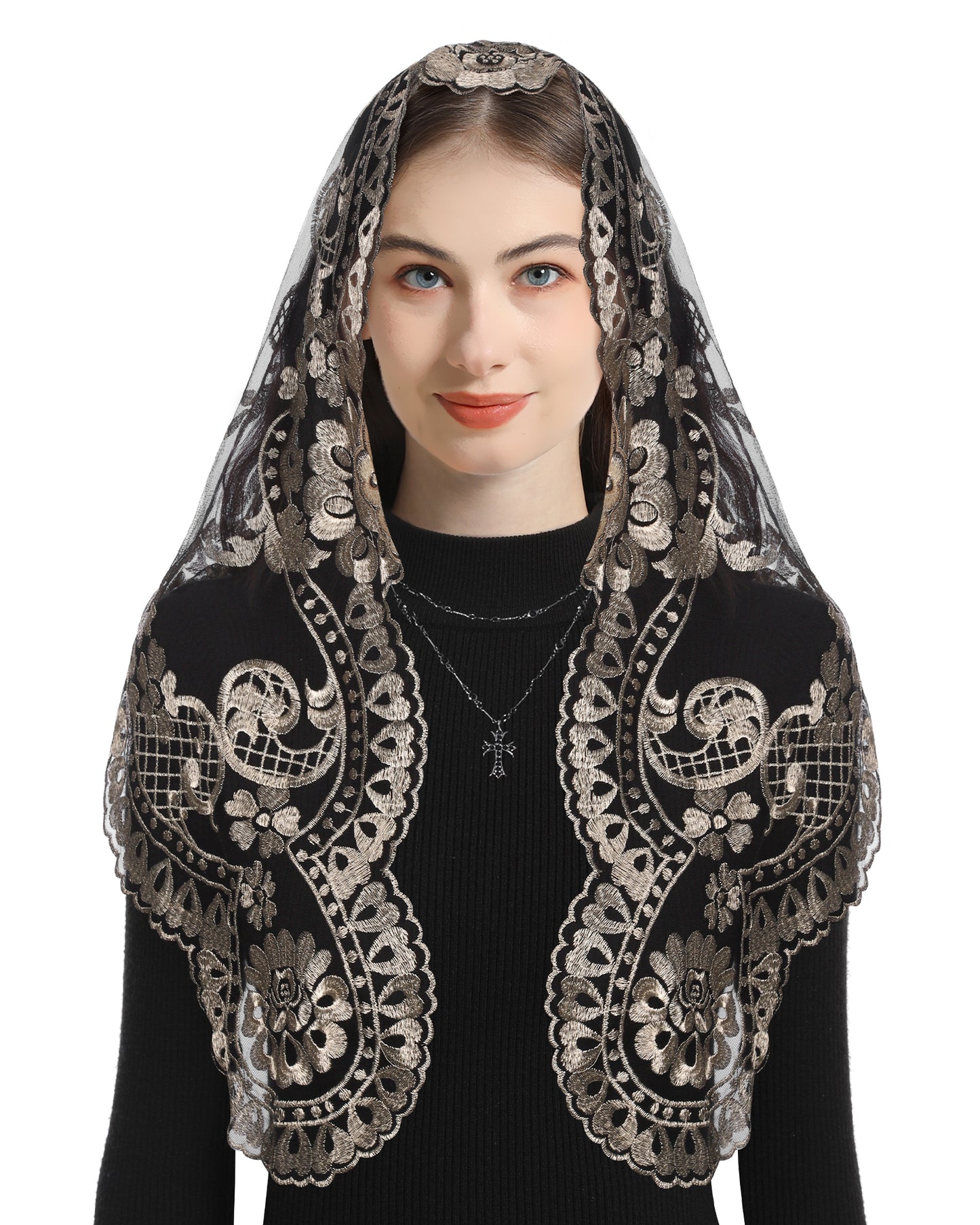 BOZIDOL Triangle Chapel Veil -Spanish Lace Floral Mantilla Veils Wrap Shawl Mass Head Covering