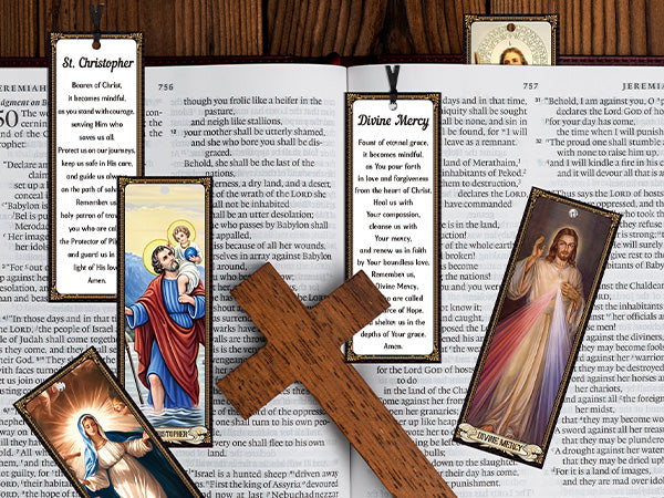 Bozidol 20 Pcs Catholic Saints Bookmarks with Holy Prayer, Religious Christian Gifts for Women Men Mother Father Godfather Godmother Church Sunday School Home Party Favors