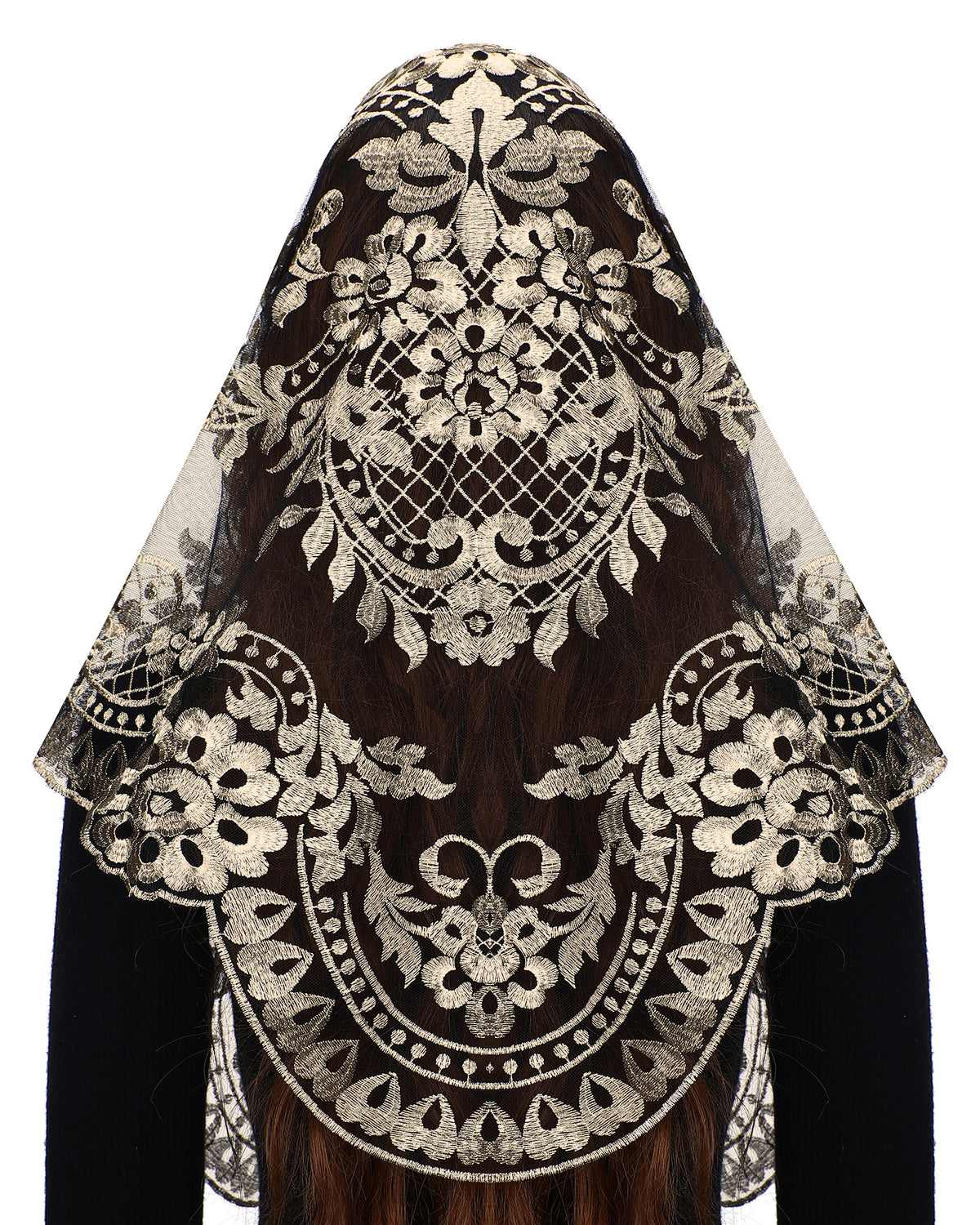 Vintage Black Lace Mantilla | Spanish Style Chapel Veil | Floral Scalloped Trian BOZIDOL Triangle Chapel Veil Spanish Lace Floral Mantilla  main image 3